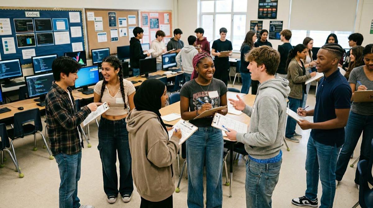 High school students mingling and signing each other's bingo boards during a classroom icebreaker