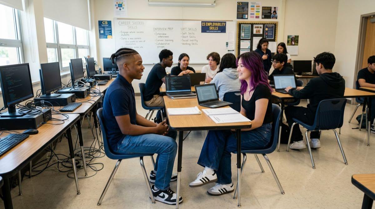 Two students in a paired mock interview, one taking notes as interviewer while the other answers as candidate