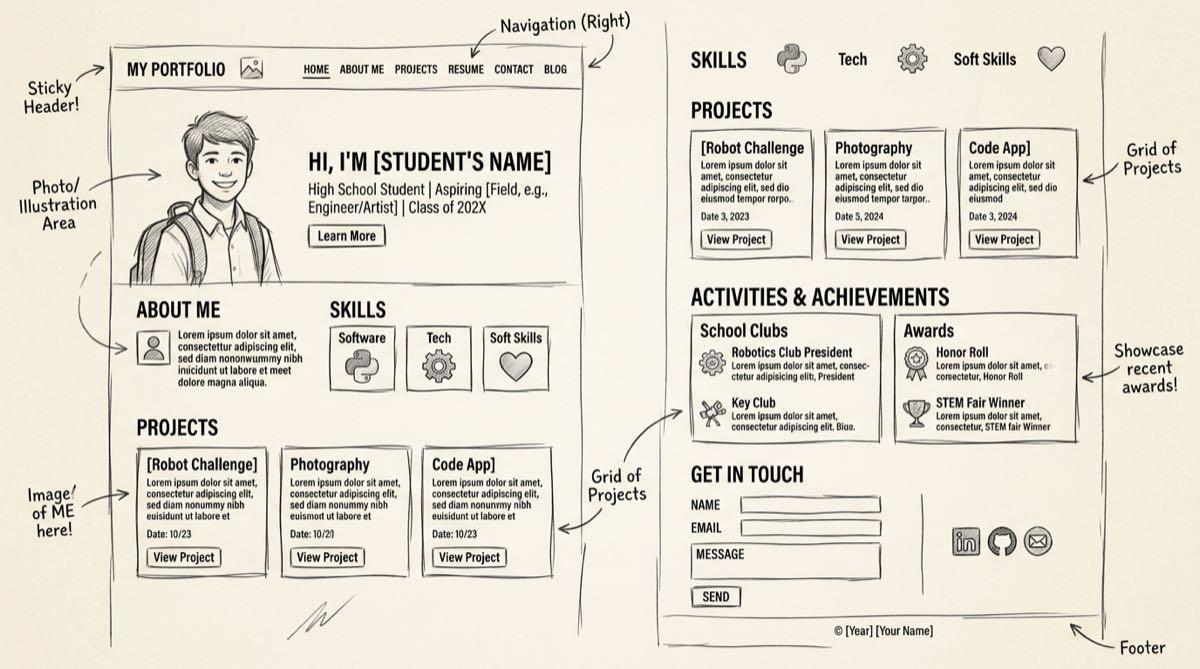 High school student sketch of a personal portfolio website, turning resume content into a homepage