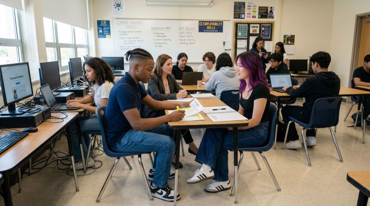 High school students practicing real career-readiness skills — resumes, mock interviews, and portfolio building — across the Employability Skills unit.