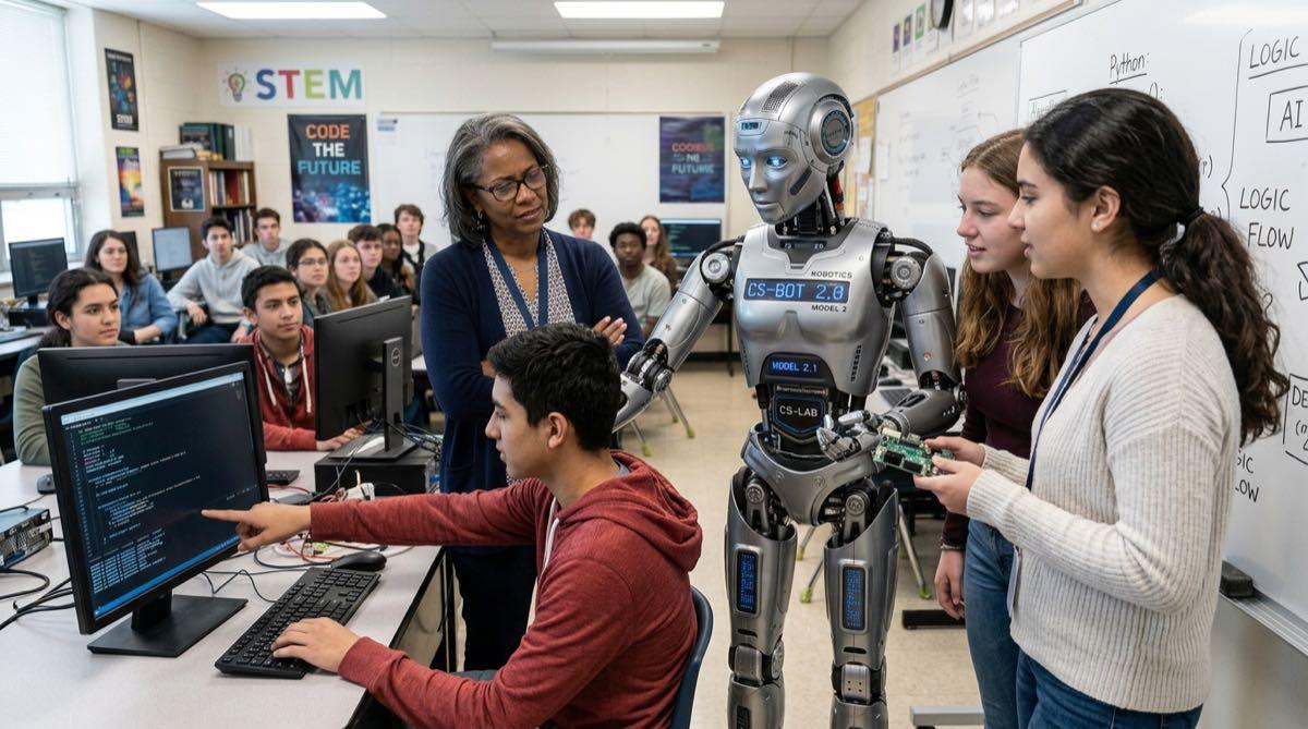 Robot interacting with students in a computer science classroom