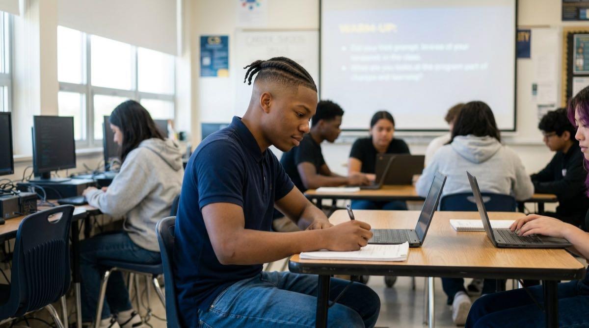 High school student writing a warm-up response at the start of class, showing the daily bell-ringer routine.