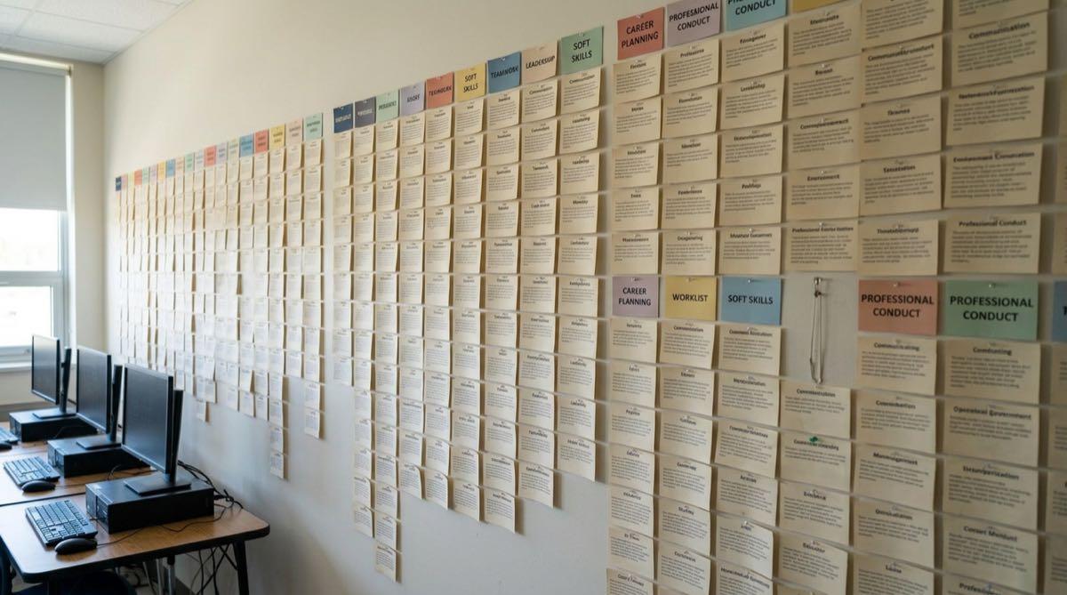 Vocabulary word wall cards grouped by category and displayed on a high school classroom wall.