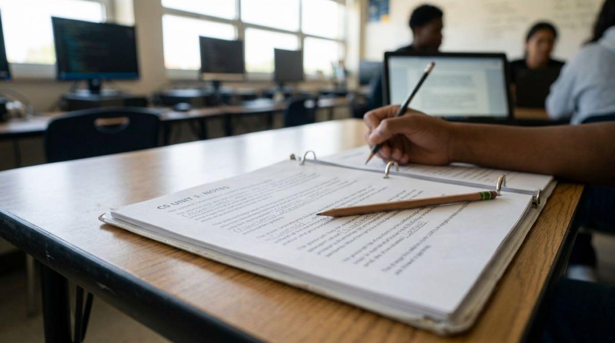 High school student filling out a fill-in-the-blank unit review outline by hand.