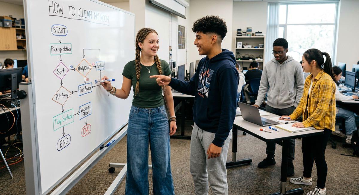 Students problem solving in computer science and designing a flowchart about how to clean your room.