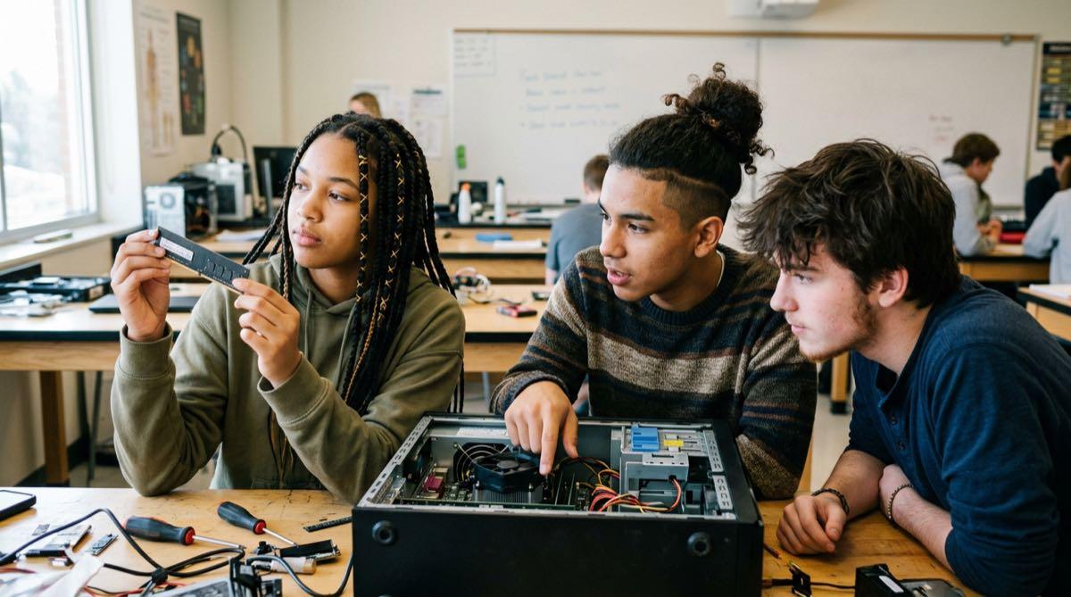 High school students examining real computer hardware components together as a group