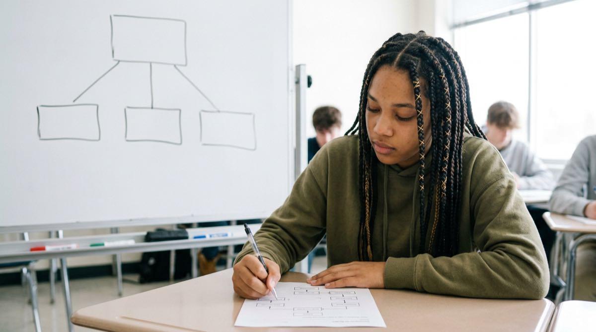 High school student tracing how data moves through a computer on an IPOS-C flowchart worksheet