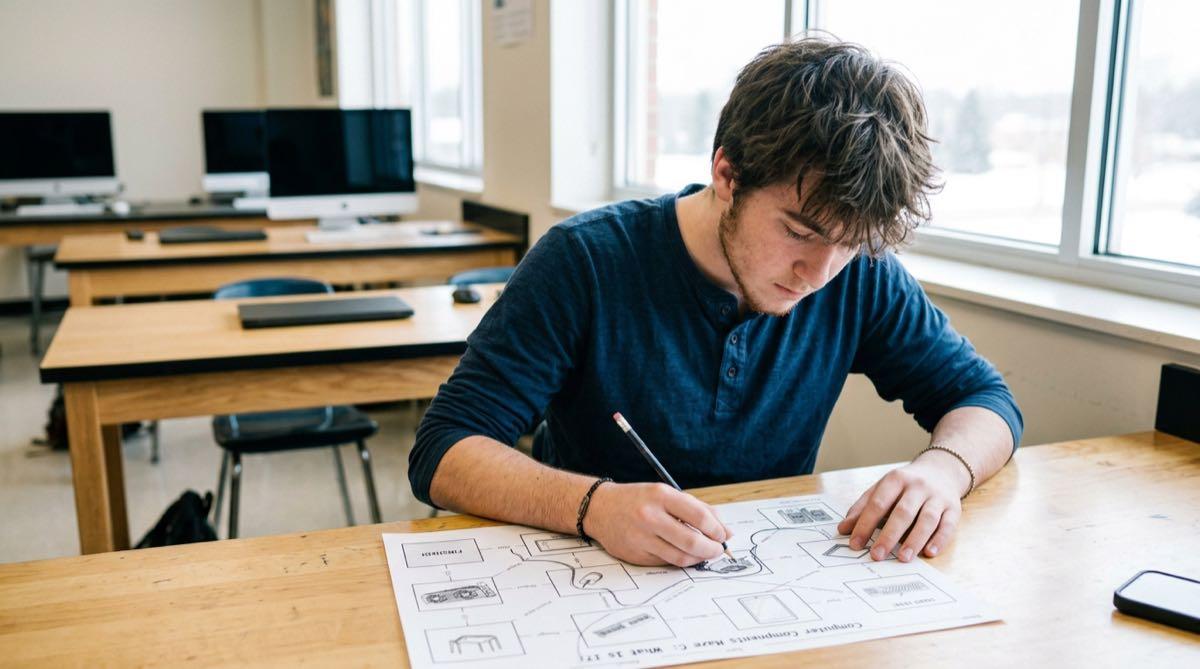High school student working through a branching maze worksheet reviewing computer hardware components