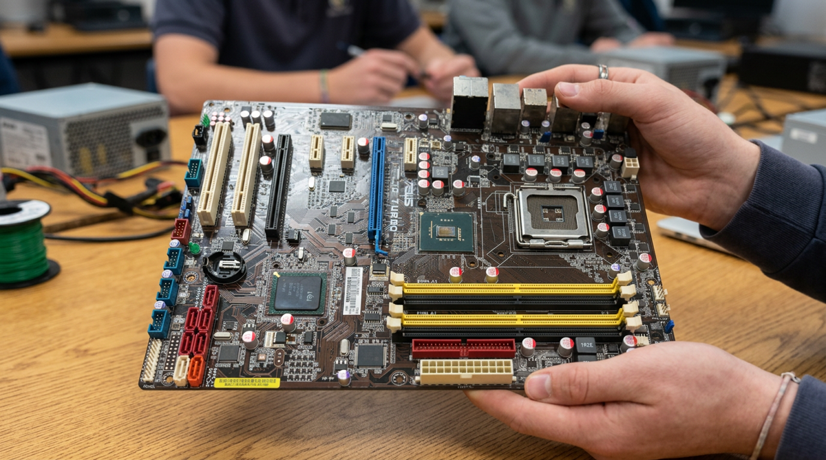 Students holding an up-cycled motherboard