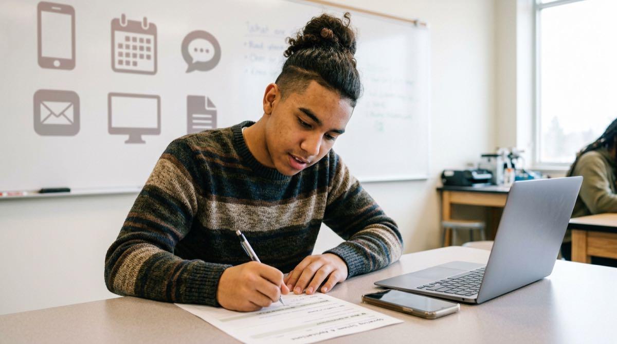 High school student filling in a note-taking worksheet about operating systems and applications, with a phone and laptop nearby