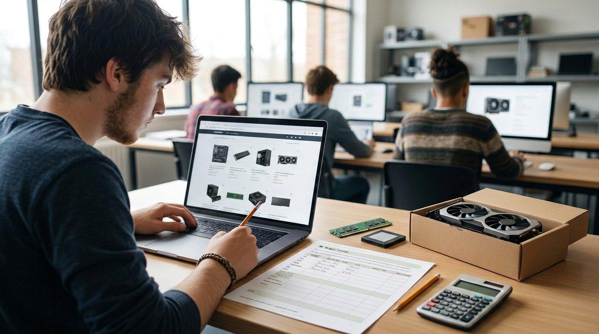 High school student researching computer part prices on a laptop next to a printed budget tracker worksheet in a computer science classroom